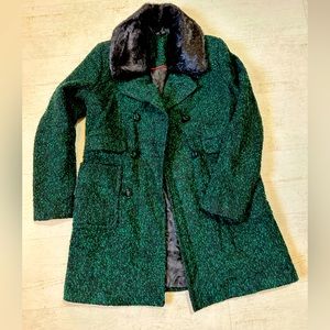 Emerald green twill jacket with removable faux fur trim.